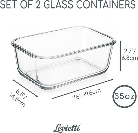 Levietti Glass Food Containers with Airtight Plastic Lids, Set of 2 (1040ml / 35oz) Leakproof Borosilicate Storage for Fresh Meals, Portion Control & Minimalist Kitchens