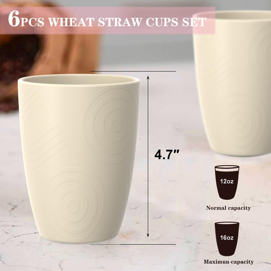 Homienly Wheat Straw Cups, Drinking Glasses Set of 6, 16 OZ Cups for Kitchen, Kids, Camping, Party, Unbreakable Microwave and Dishwasher Safe Water Tumblers, Stackable Plastic Cups-Beige