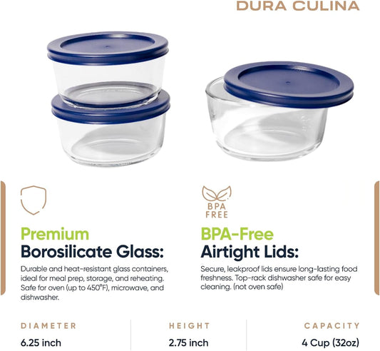 DURA LIVING 6-Piece Glass Food Storage Containers Set (3 Containers + 3 BPA-Free Lids) | 4-Cup, Leakproof | Microwave, Freezer, Oven & Dishwasher Safe | Ideal for Meal Prep & Pantry Organization