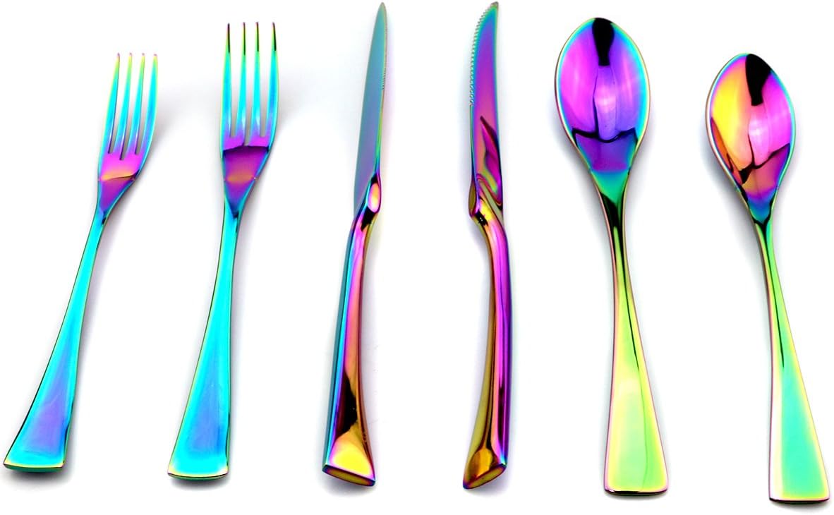 JASHII 18/10 Stainless Steel 8 Piece Mirror Polished Rainbow Serrated Steak Knife Colorful Serving Black Utensil Set
