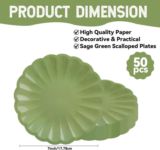 50Pcs Large Scalloped Sage Green Paper Plates 7Inch Shell Edge Dessert Plates for Cake Salad Fruit Disposable Dessert Serving Plates for Birthday Wedding Baby Shower Party Decorations