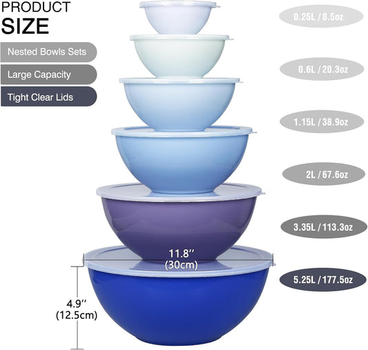 6-Piece Plastic Mixing Bowl Set with Lids for Kitchen, Nesting Storage Bowls for Baking, Prepping,Cooking and Serving Food, Dishwasher, Microwave Safe,Great for Mixing & Serving,Dark blue