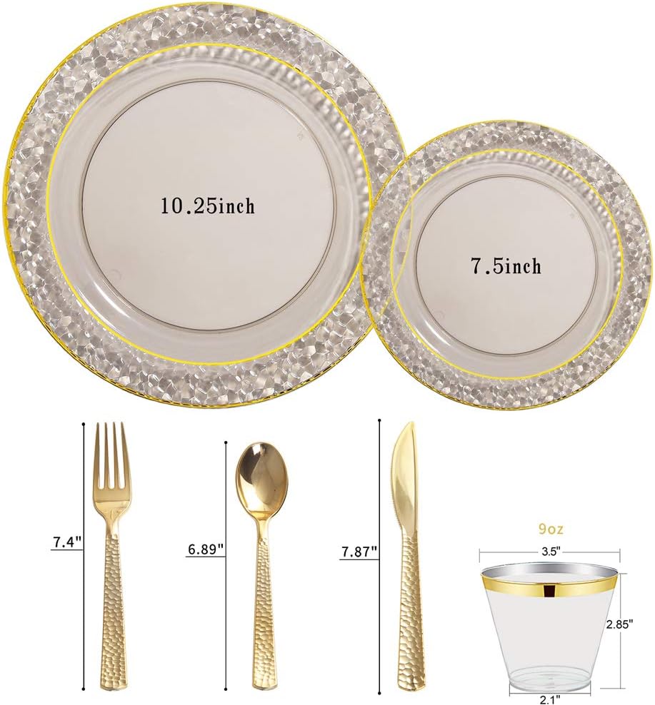 Nervure 150PCS Clear Black Plastic Plates - Gold Party Plates - Black and Gold Dinnerware Set Include: 50 Plate, 25Cups, 25Forks, 25Knives, 25Spoons for New Year & Party & Halloween