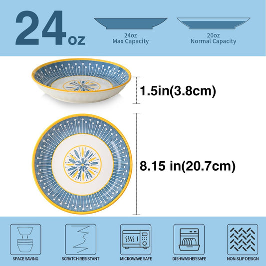 Yeacccng Pasta Bowls Set of 4, 24 Oz Ceramic Salad Bowls, 8 Inch Colorful Serving Bowls for Pasta,Salad,Oatmeal,Fruit, Easy to Clean, Dishwasher & Microwave Safe,Scratch-Resistant, Lead-Free