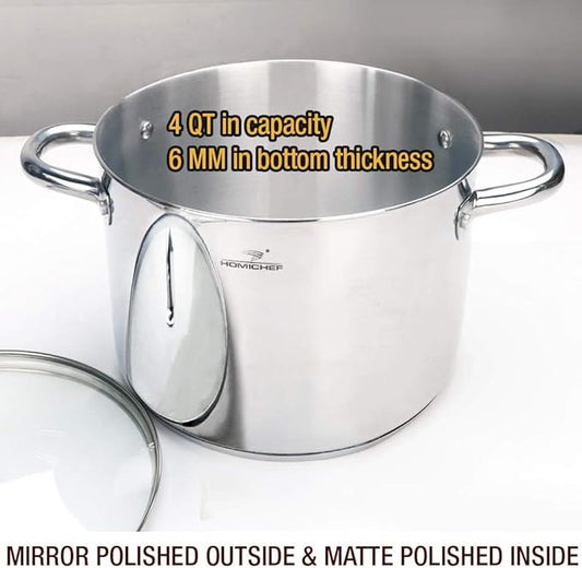 HOMICHEF Small Stock Pot 4 Quart Nickel Free Stainless Steel - Small 4Qt Stockpot With Glass Lid - Soup Pot Cooking Pot 4 Quart