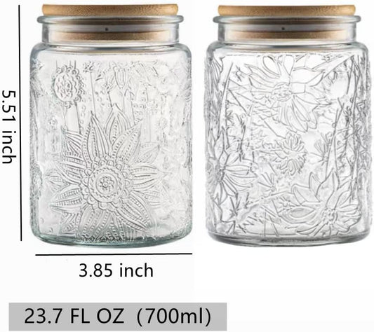 Airtight Glass Jar, Vintage Decorative Storage Jar with Bamboo Lid, Food Storage Containers for Candy Snack Cookies Coffee Tea Nuts,Kitchen Containers Cereal Canisters (Daisy & Sunflower)