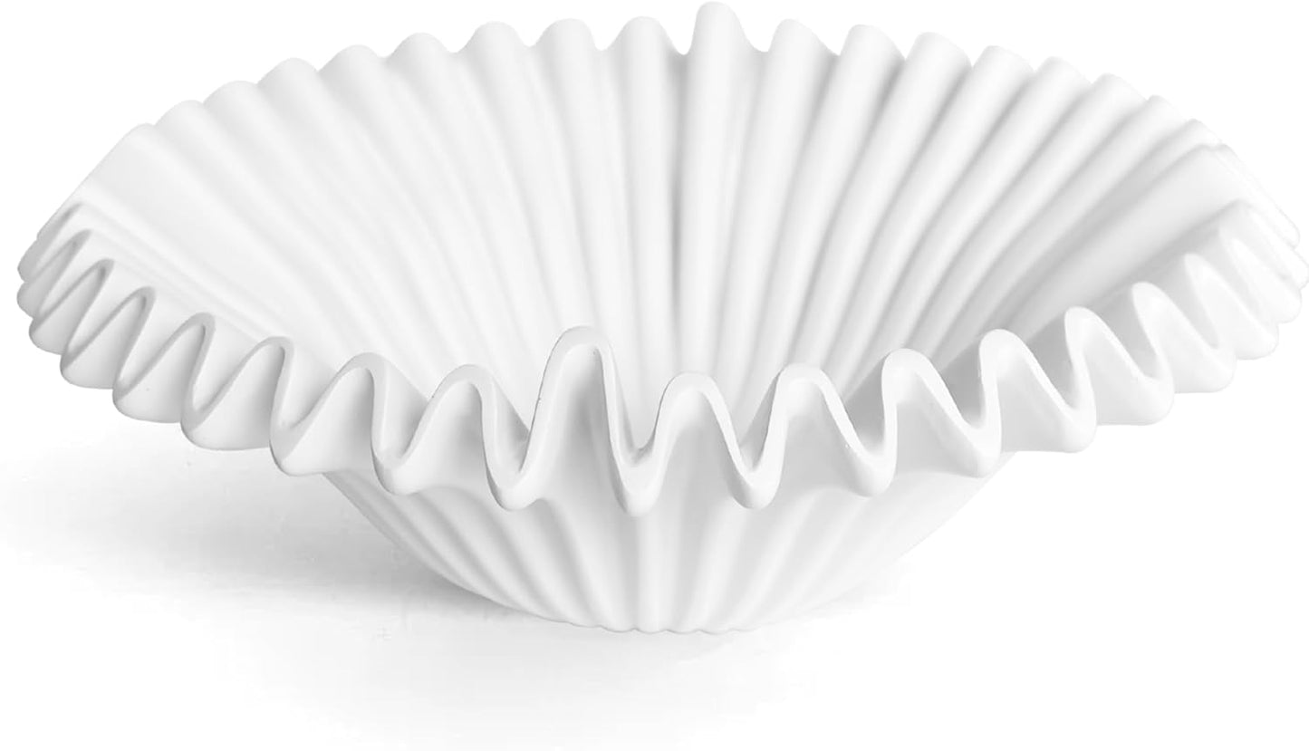 Modern Decorative Bowl with Ruffled Design, Scalloped Resin Centerpiece Bowl for Home Decor, Entryway Key Holder and Fruit Display (White)