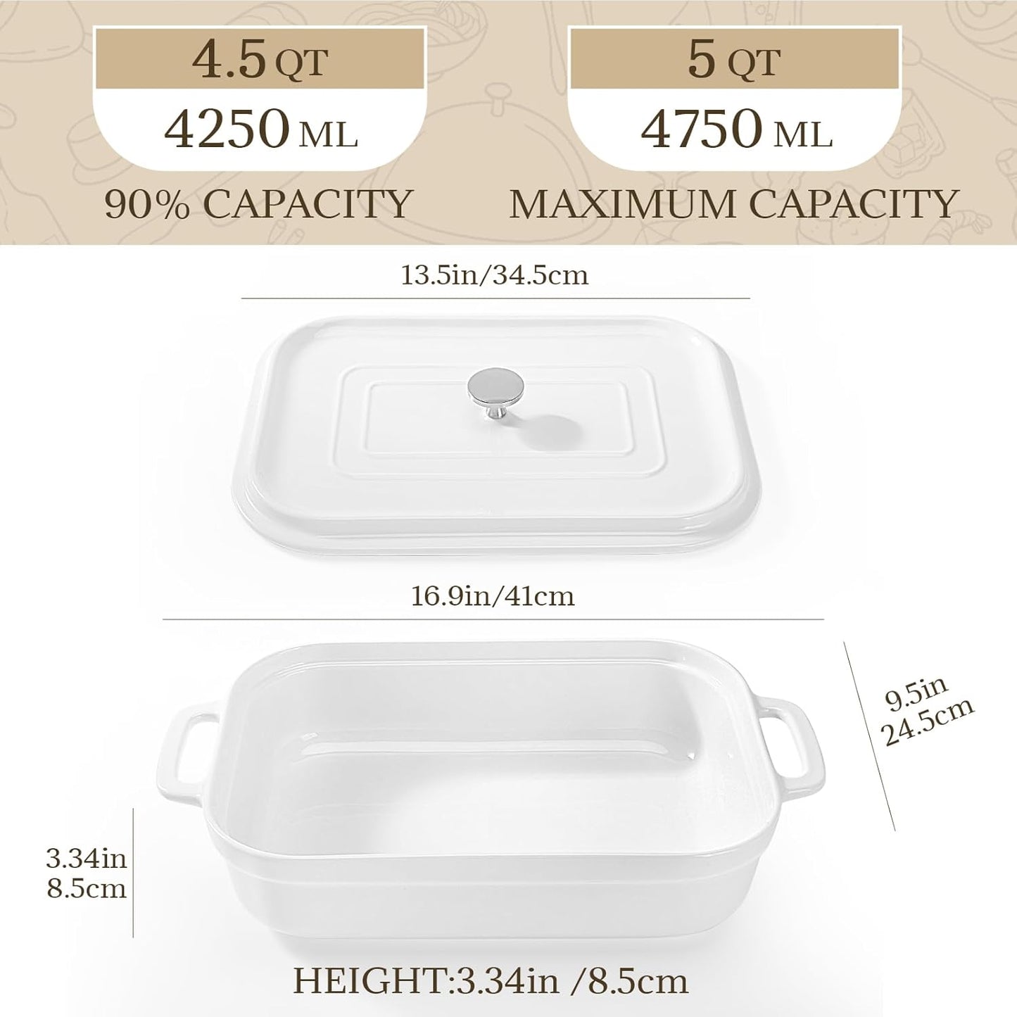 Casserole Dish,Large Baking Dish Cookware,Deep Lasagna Pan for Oven,Ceramic Bakeware for Baking, Easy to Clean (White, 5 Quart,With Lid)