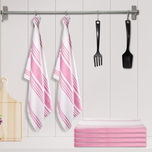 Urban Villa Kitchen Towels 100% Cotton Pack of 3, Highly Absorbent Quick Drying Super Soft Premium Dish Towels for Kitchen with Hanging Loop Hand & Tea Towels - 20x30 Inch, (Pink & White, Striped)