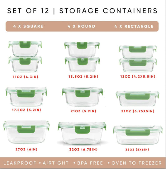 JoyJolt 24pc Borosilicate Glass Storage Containers with Lids | 12 Airtight/Freezer Safe Food Storage Containers for Pantry and Kitchen | Meal Prep Container for Lunch | Glass Tupperware Set