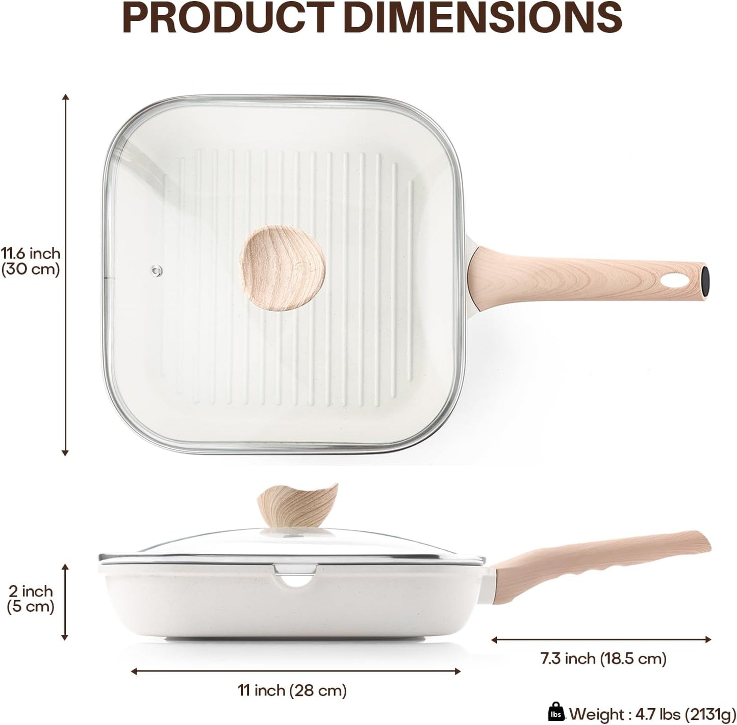 Kordisen Nonstick Grilling Pan with Lid for Stove Tops, 11 Inch Square Grill Pan for Indoor Cooking, Healthy Coating Grill Skillet with Pour Spouts, Versatile Griddle, Induction Steak Pan, White