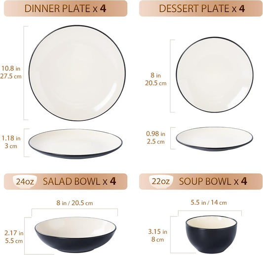 Plates and Bowls Sets for 4 - CJDC-QUELO 16-Piece Stoneware Dinnerware Sets, Ceramic Dishware Set for Indoor Kitchen Use and Formal Dining, Chip and Scratch Resistant Microwave Dishwasher Safe, Ivory