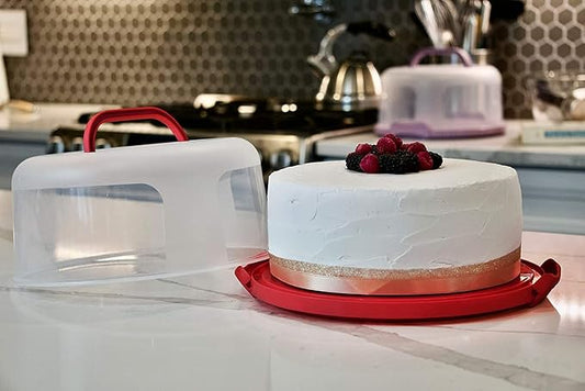 Top Shelf Elements Round Cake Carrier For Up To 10 Inch Cake Portable Cake Stands Two Sided Cake Box With Handle Fashionable Base Doubles as Five Section Serving Tray Container Holds Pies(Scarlet)