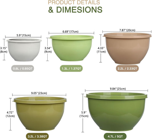 5-Piece Plastic Mixing Bowls with Lids Set for Kitchen, Nesting Bowls for Mixing, Baking, Prepping, Cooking and Serving Food, Mixing Bowls Dishwasher, Microwave Safe (5 Set-Green)