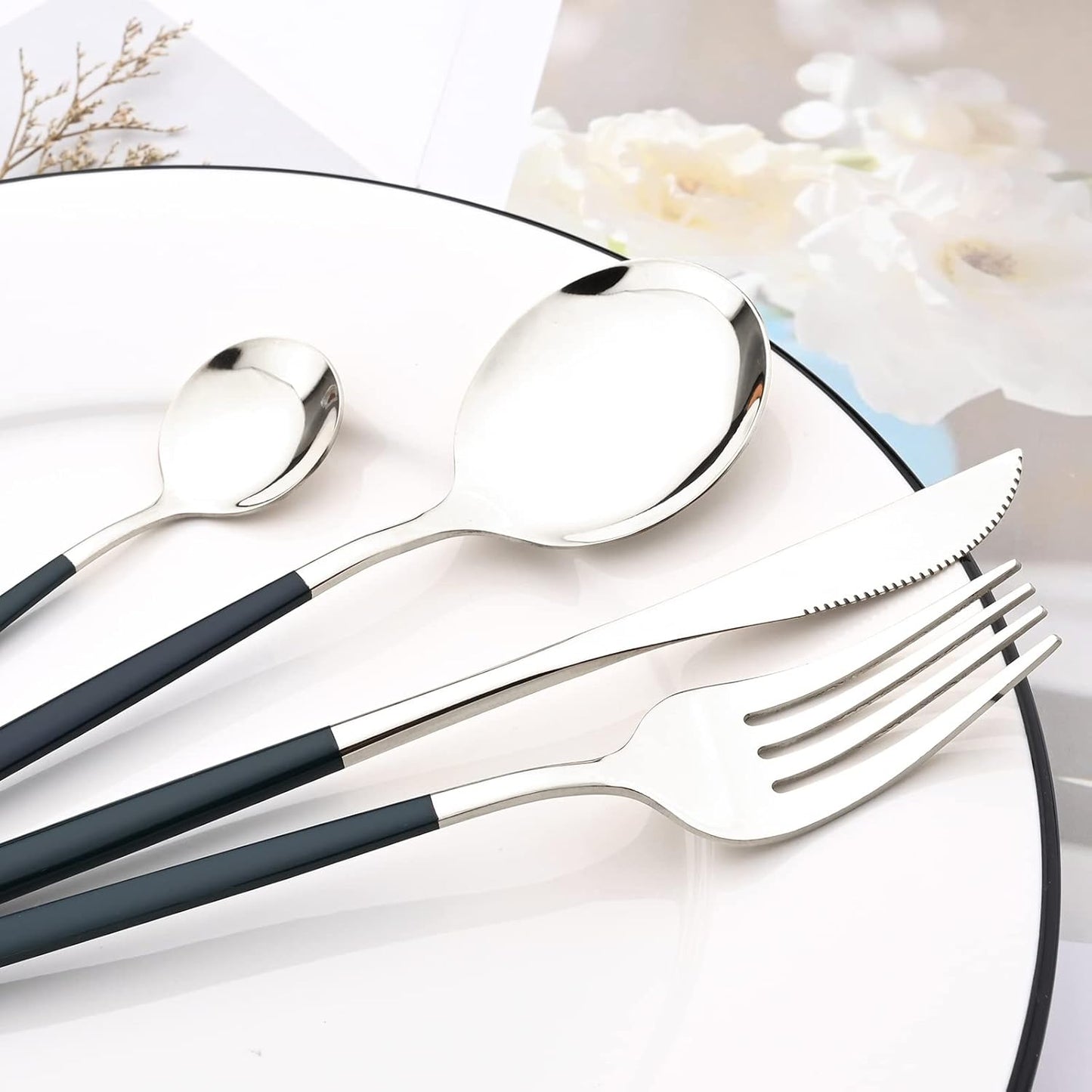 Mirror Cutlery Serving Set, 24-piece 18/0 Stainless Steel Silverware With Green Handle Simple & Modern Tableware For Home Party Restaurant Christmas Dinner, Service For 6 (Green Silver)