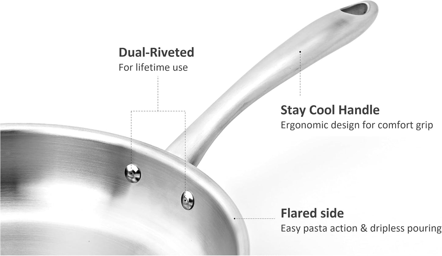 5-Ply Stainless Steel Frying Pan, Full 5-Ply Clad, Brushed, Induction Cooking Pan, Oven Safe, Dishwasher Safe (12'' Stainless Steel Frying Pan)