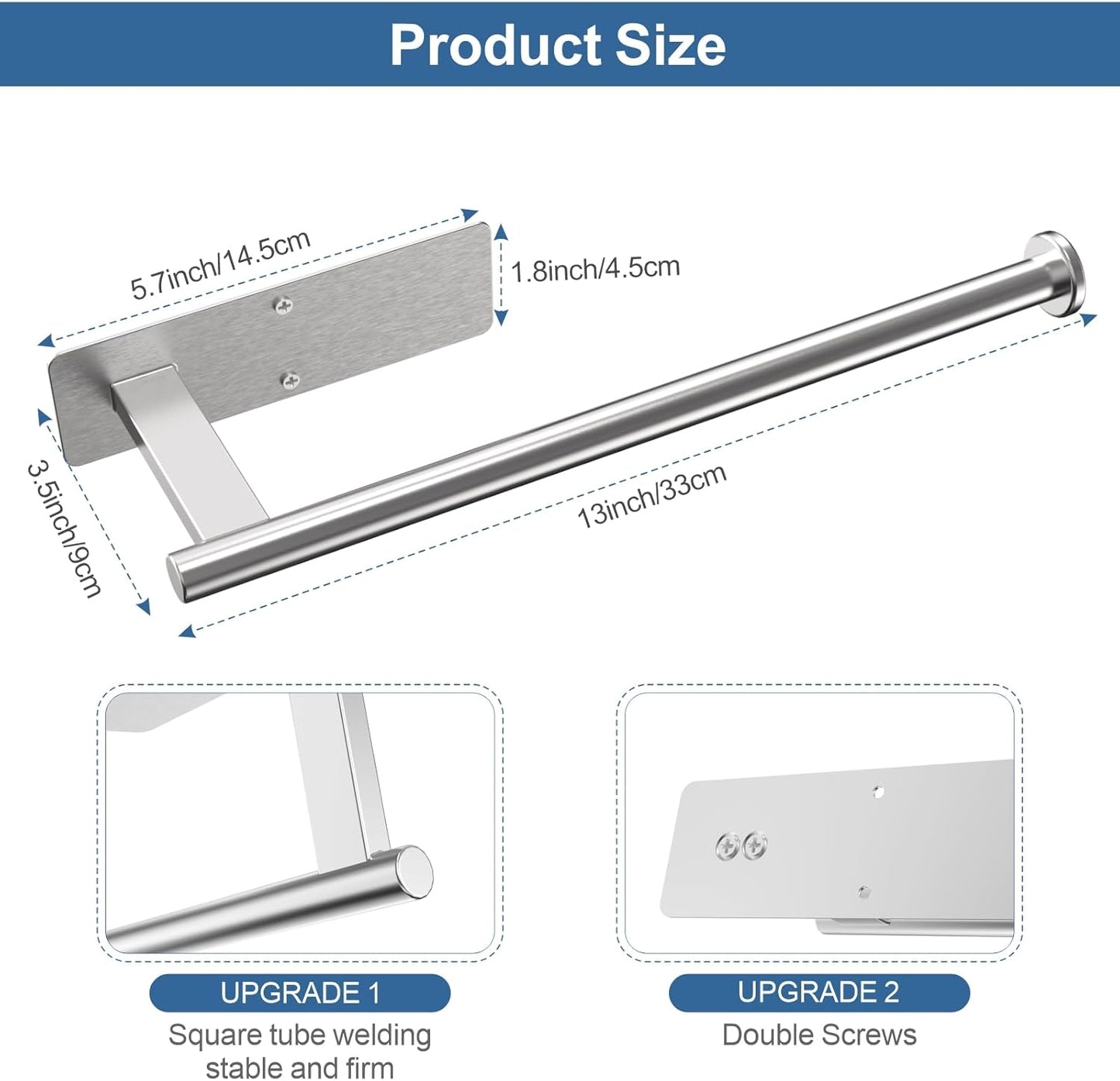 Paper Towel Holder Under Cabinet 2 Pack, Upgraded Adhesive Paper Towel Holder Wall Mount for Kitchen, Bathroom, RV, Bend-Resistant, Self-Adhesive or Drill mounting, Stainless Steel, Silver