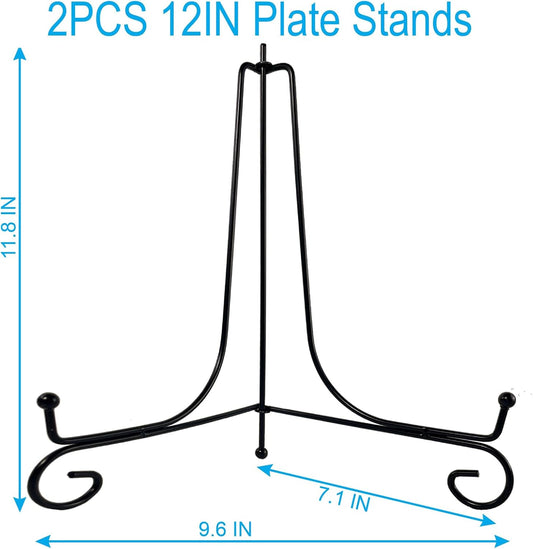 2PCS Premium Black Iron Plate Stands for Display 12 Inch, Decorative Solid Metal Plate Holders for Displaying, Mini Easel, Frame, Book, Card, Plaque, Bowl, Picture Stands for Display