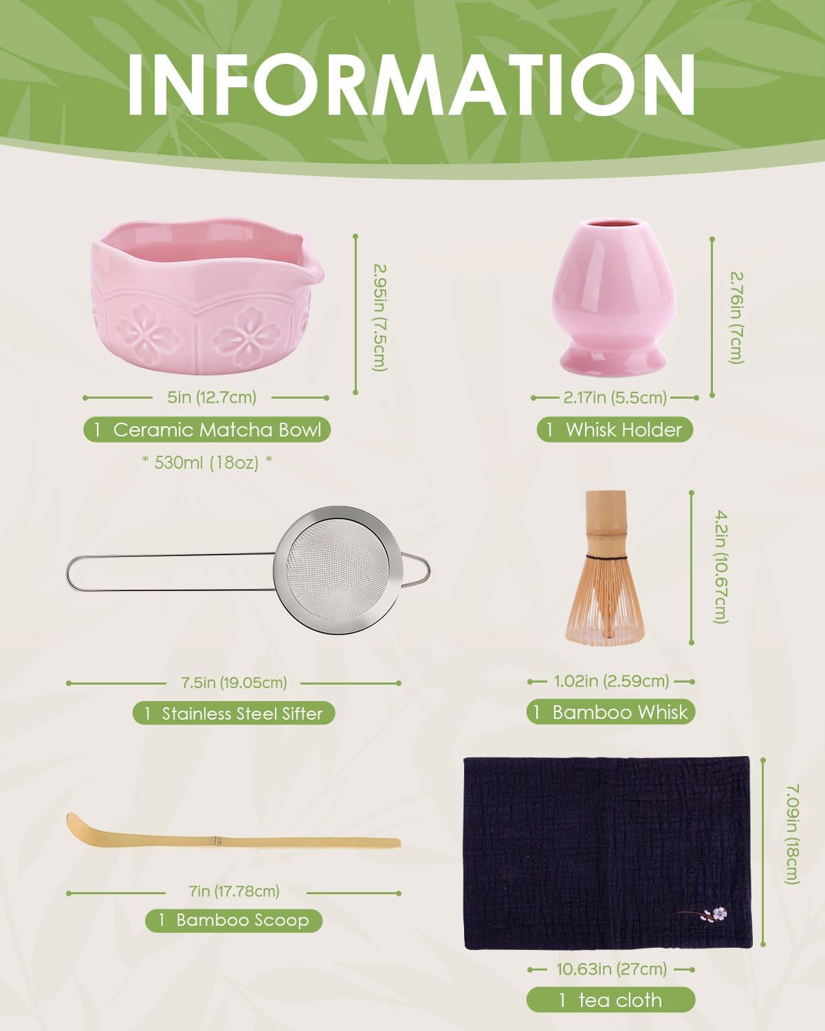 Matcha Whisk Set, Ceramic Matcha Set Includes Bowl with Spout, Whisk and Holder, Bamboo Scoop, Sifter and Tea Towel - 6 Pcs Matcha Kit Gift for Lovers Beginners (Pink)