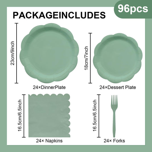 96 Pieces Sage Green Scalloped Tableware Set Party Supplies – Solid Color Disposable Dinnerware with Paper Plates, Napkins, and Forks for Birthday Parties, Garden Events, Baby Showers – Serves 24