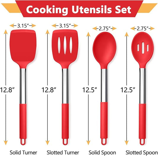 P&P CHEF Red Kitchen Cooking Utensil Set of 4, Silicone Solid Spatulas Slotted Spoons Turners for Non-stick Cookware Flipping Mixing, Heat-proof