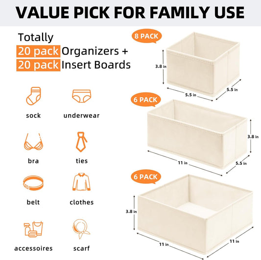 【FAMILY PACK】Drawer Organizer Clothes, 20 Pack Dresser Organizer Bins for Baby Clothes - Underwear Bra Sock Organizer - Fabric Closet Organization and Storage Dividers for Nursery Bedroom Dorm