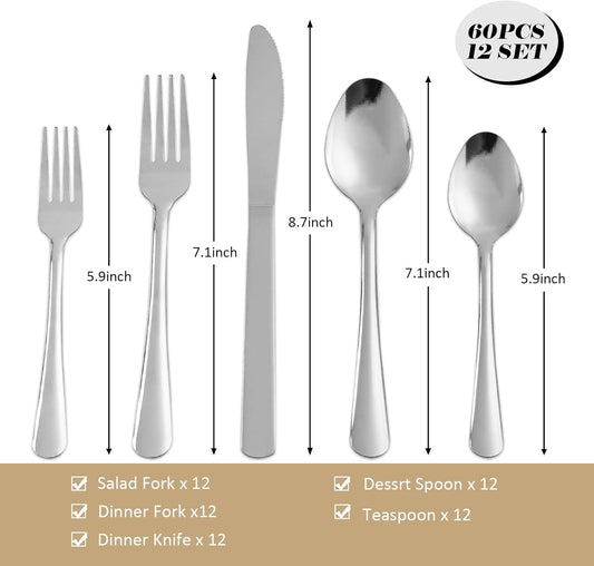 60 PCS Silverware Set - Windsor Stainless Steel Silverware Set for 12 Kitchen Flatware Set Cutlery Set For Home Restaurant Hotel, Kitchen Dishwasher Safe & Mirror Polished Utensils Set