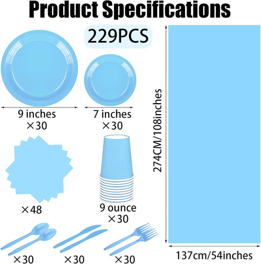 TWOWYHI 229PCS Light Blue Party Supplies Set Paper Disposable Plates Cups Plastic Spoons Forks Knives Light Blue Napkins for 30 Guests Disposable Party Dinnerware Sets for Wedding Birthday Parties