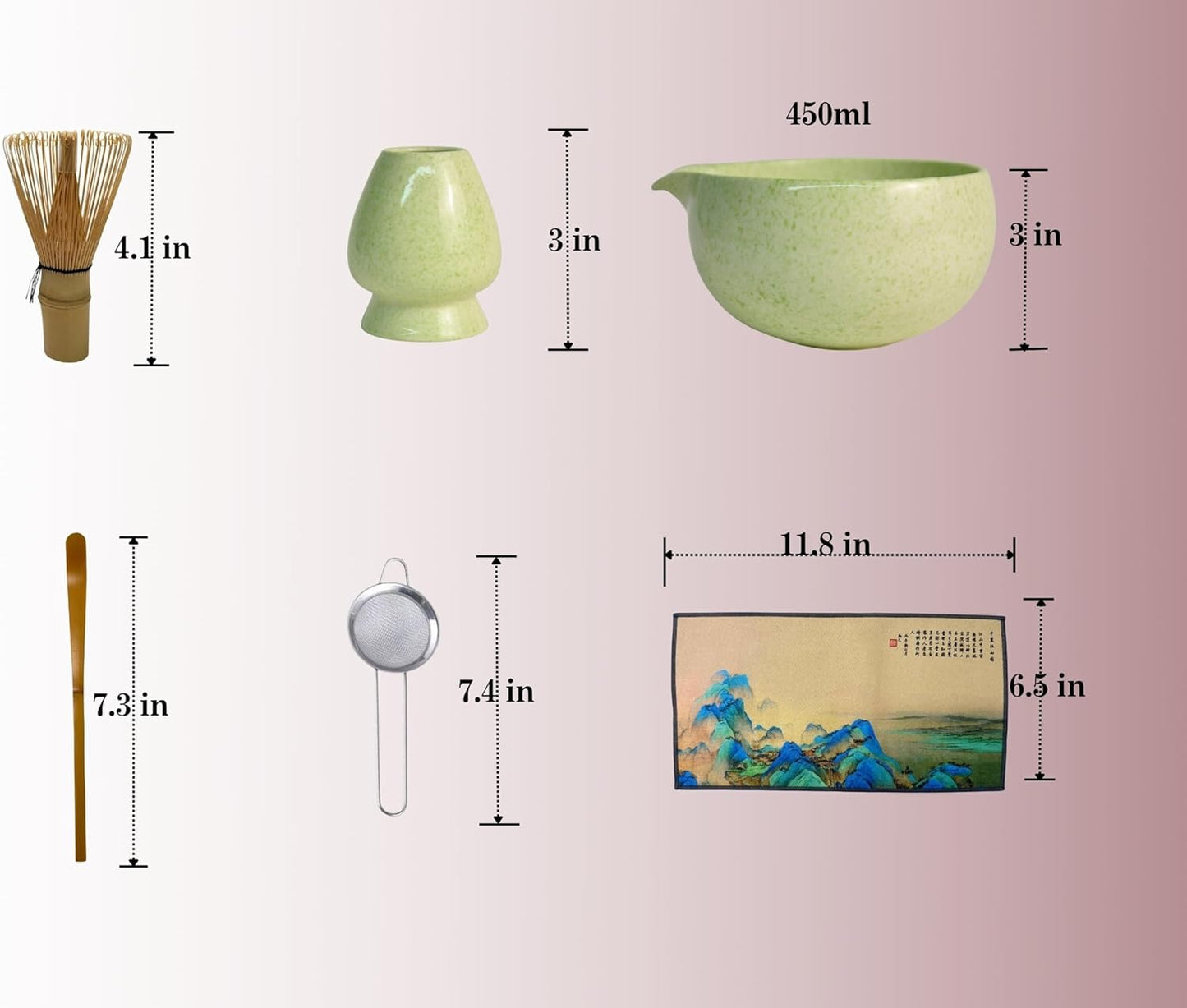 Matcha Set, Ceramic Matcha Kit Set with Matcha Bowl, Matcha Whisk Chasen and Whisk Holder, Sifter, Bamboo Scoop, Scoop Rest and Tea Towel-7 Pcs Matcha Kit for Matcha Lovers, Green