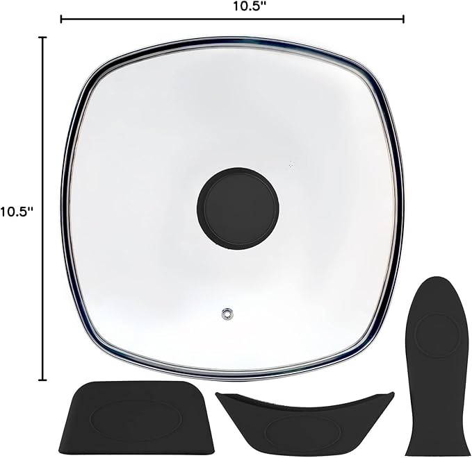 FOLI Square Glass Lid for Grill Pans with Steam Vent Hole - Fits Lodge Cast Iron Skillets 10.5inch/26.67cm Silicone Potholder- Square Tempered Glass Lid - Universal Replacement Cover Silicone Knob