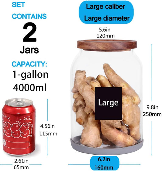 SAIOOL 1 Gallon Glass Jar with Wooden Acacia Airtight Lid,Large Glass Storage Jar set of 2, BPA-Free Cereal Dispenser Jars for flour,Spaghetti Pasta, Powder, Tea, Coffee