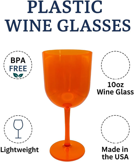 Party Outlaw Plastic Wine Glasses 4 Pc 10oz, Classic Wine Drinking Glasses, BPA-Free, Lightweight, Heavy Duty, Reusable, Shatter - Proof, Dishwasher Safe, Made in USA (Orange)