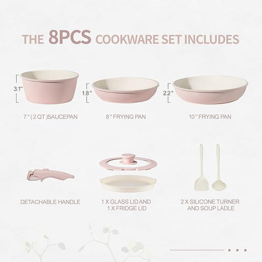 8PCS Ceramic Cookware,Nonstick Ceramic Pan, Removable Handle Pots and Pans Set, Stackable Pan Set, Nonstick Pots and Pans Set Non Stick pot(Pink)