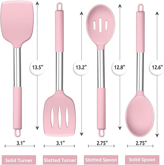 E-far Cooking Utensils Set of 4, Silicone Kitchen Utensils for Non-stick Cookware, Heat Resistant & Non-toxic Slotted Spatula Solid Spoon Turner for Flipping Mixing Serving Basting(Pink)