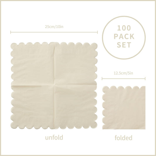 100 Pack Cocktail Napkin 2-Ply Scalloped Edged Dessert Napkins Folded 5 x 5 Inches Disposable Napkins for Dinner Wedding Birthday Party Bridal Anniversary Reception Event (Milky-White)