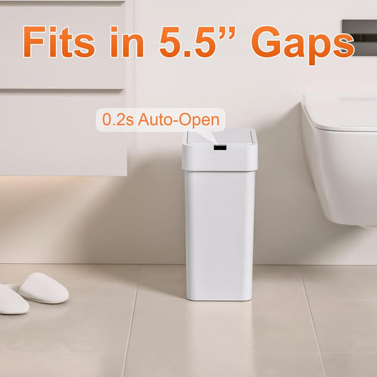 9L/2.4Gal Touchless Bathroom Trash Can, 0.2s Motion Sensor Auto-Close, IPX5 Waterproof Slim Design for Kitchen/Office, Silent & Space-Saving