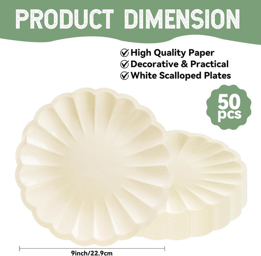 50Pcs Large Scalloped Cream Paper Plates 9Inch Shell Edge Dinner Plates for Cake Salad Fruit Disposable Dinner Serving Plates for Birthday Wedding Baby Shower Party Decorations