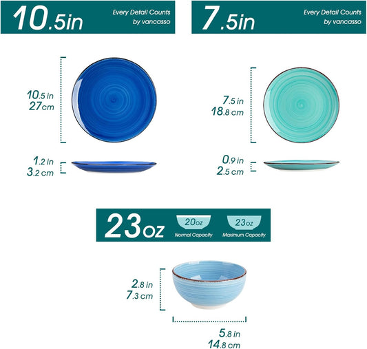 vancasso Bonita Dinnerware Set Blue Stoneware 12 Pieces Service for 4, Handpainted Spirals Pattern Stoneware Plates and Bowls Set