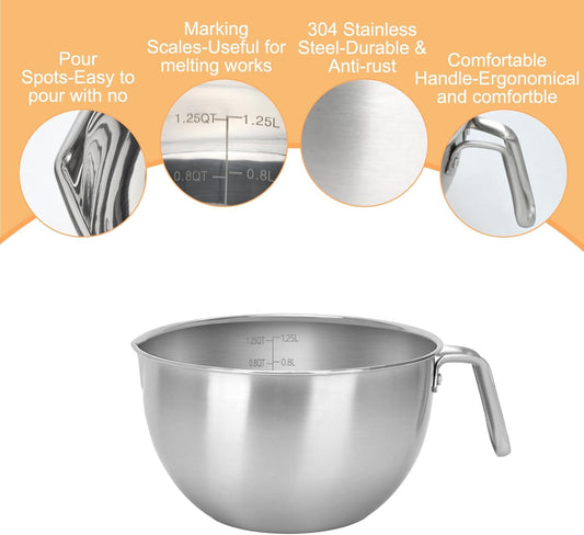 3PCS Double Boiler Pot Set, 1250ML/1.1QT Mixing Bowl with Scale 2200ML/ 2QT Stainless Steel Heating Pot with Silicone Spatula for Cheese Chocolate Candy Candle Soap Wax Melting (1250ml+2200ml)