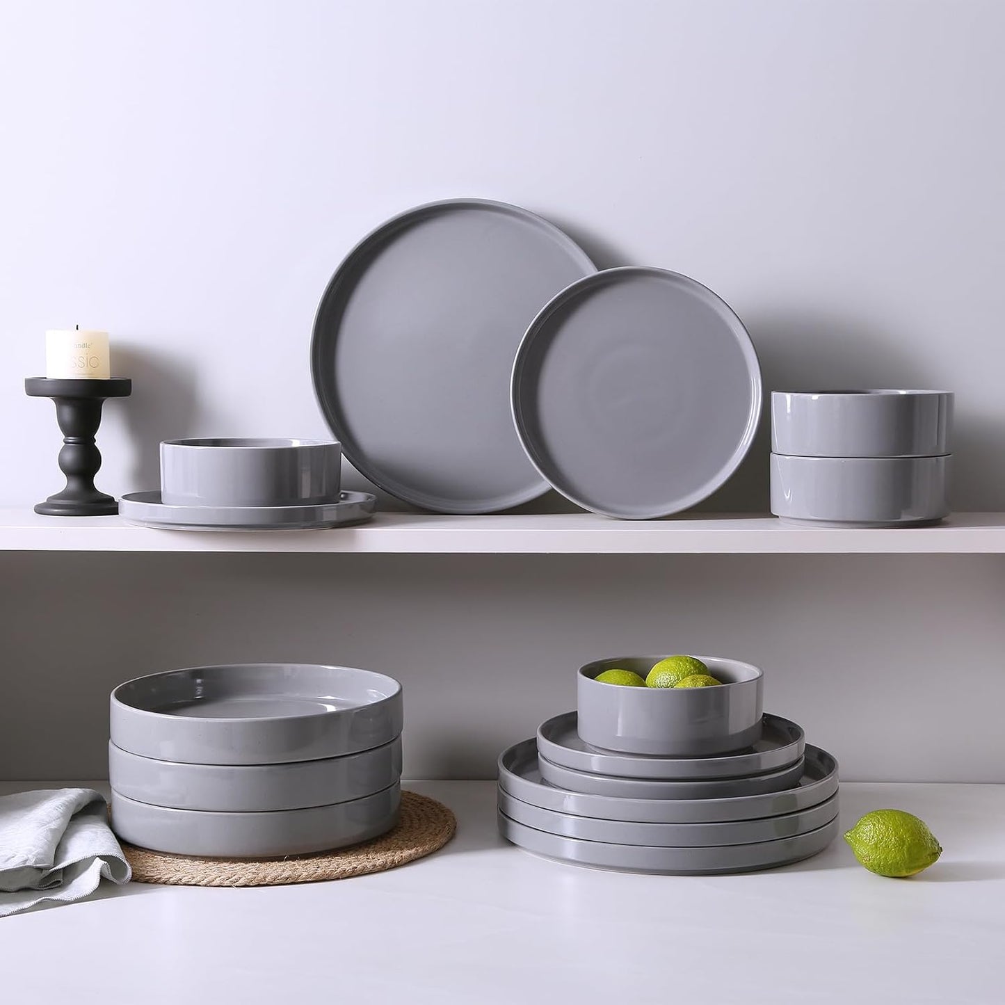 Famiware Nebula Dinnerware Set with Pasta Bowls, Service for 4 (16pcs), Fine Stoneware Plates and Bowls Sets, Microwave and Dishwasher Safe Dishes Set, Dark Gray