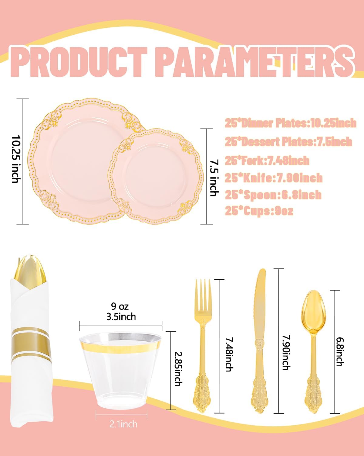 Ciaell 350 PCS Pink Plastic Plates - Pink and Gold Disposable Plates Include 50 Disposable Plate, 150 Heavy Duty Silverware, 50 Cups, 50 Napkins for Wedding & Party & Anniversary