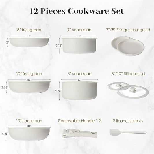 12 Pcs Pots and Pans Set, Nonstick Kitchen Cookware Sets Detachable Handle, Induction Healthy Non Stick RV Cookware, Dishwasher & Oven Safe, Beige