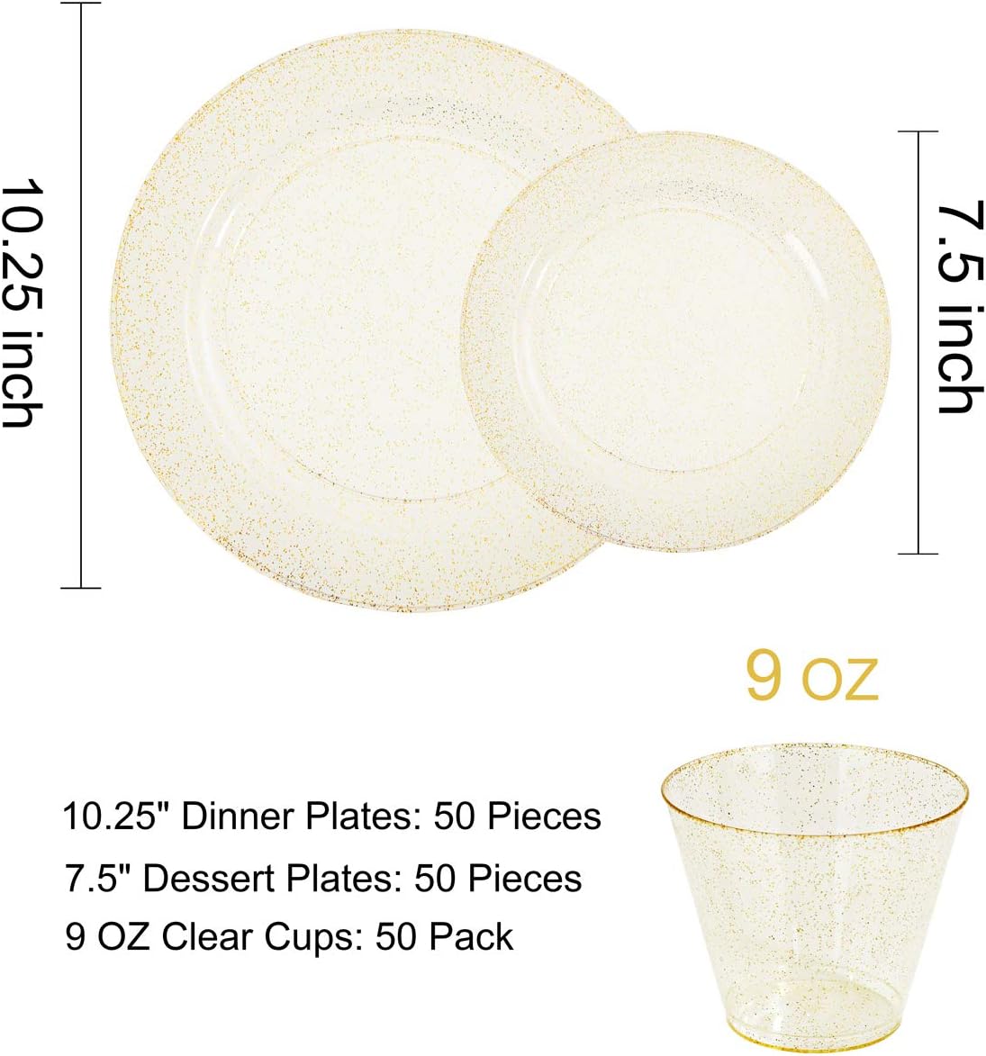 DaYammi 350 Pieces Gold Glitter Dinnerware Set 50 Guest for Party Thanksgiving Plates Disposable - 50 Dinner Plates, 50 Dessert Platos -50 Per Rolled Napkins with Gold Cutlery -50 Disposable Cups 9 OZ