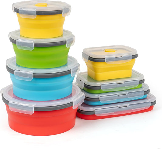 Collapsible Silicone Food Storage Containers Set with Lid & Air Vent, Foldable Lunch Containers, 16 Pack (8 Rectangular + 8 Round Bowls), BPA-Free, Space-Saving