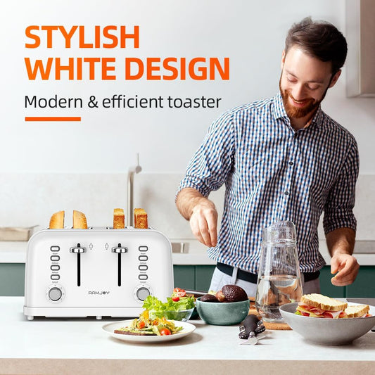 White Toaster 4 Slice, Dual Independent Controls, Extra Wide Slot Toasters for Bagel, Bread, Waffles, 7 Shade Settings, 4 Main Functions, Removable Crumb Tray, 1500 Watts, White Stainless Steel