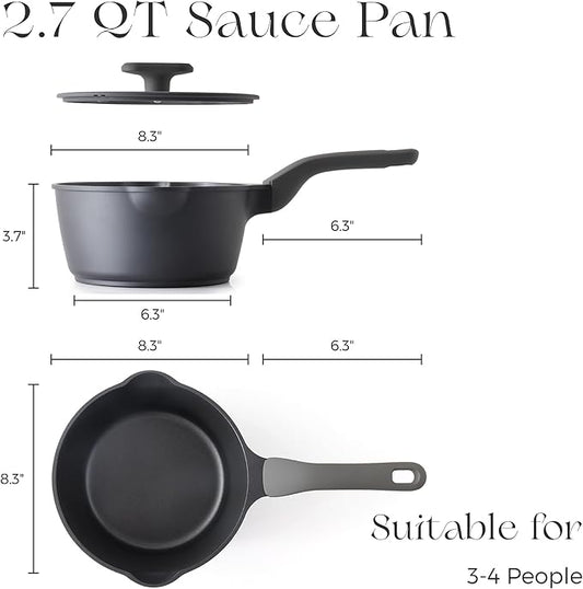 PRICUSIS Nonstick Saucepan with Lid, 2.7 Quart Non Toxic Pot with Pour Spouts, Full Coated, 100% Dishwasher Safe, Induction Compatible & Oven Safe, PTFE & PFOA Free, Black Sesame