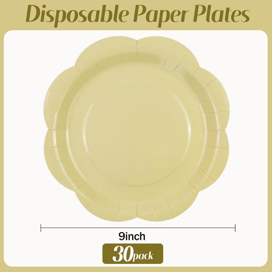 30 Pack Yellow Paper Plates 9 Inch, Disposable Scalloped Plates Cake Dessert Plate for Dinner Baby Shower Wedding Bridal Shower Birthday Party Supplies (Yellow, 9 inch)
