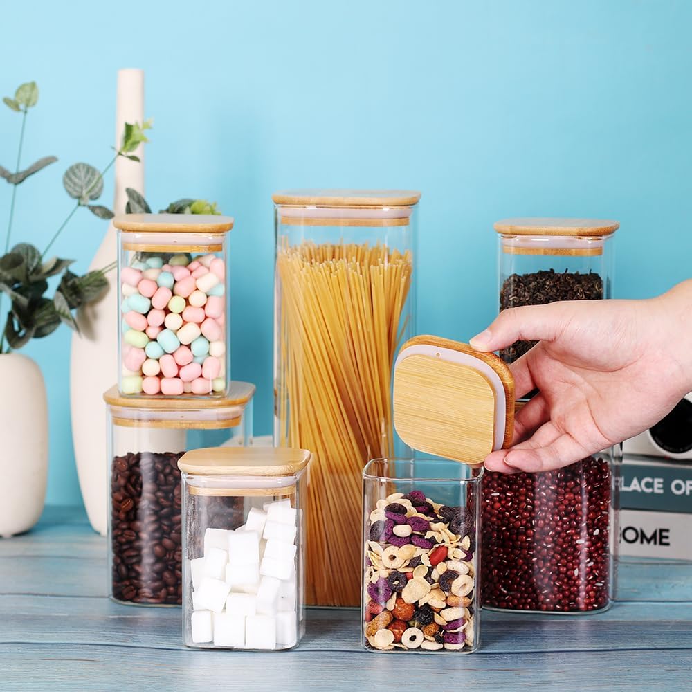 Glass Storage Canister with Wooden Lid, Set of 7 Square Glass Jars with Bamboo Lids, Glass Food Storage Containers for Pasta, Cereal, Flour, Sugar, Best for Kitchen & Pantry