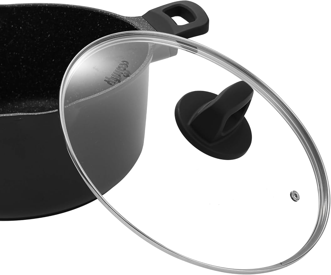 11 Inch Non Stick Pan Casserole Pot with Lid & Pour Spout - Lightweight 6.84 Quart Granite Coated Soup Pot Comfort Grip Handle - Induction Compatible PFOA Free Non Stick Cookware (Black)