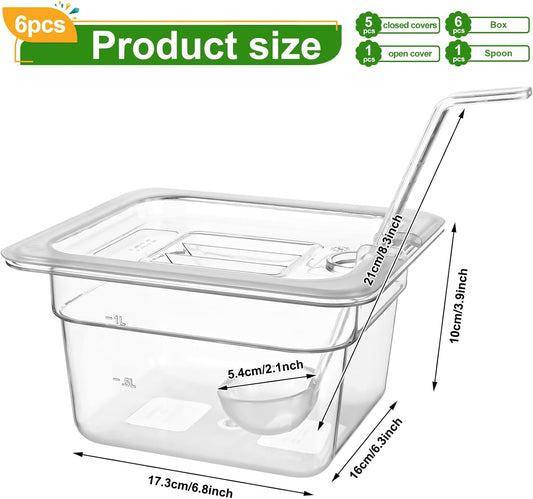 6 Pack Plastic Clear Food Pans with Lids, 1/6 Size 4'' Deep Commercial Stackable Polycarbonate Pans Hotel Food Storage Pan with 1 Pcs Spoon for Fruits Vegetables